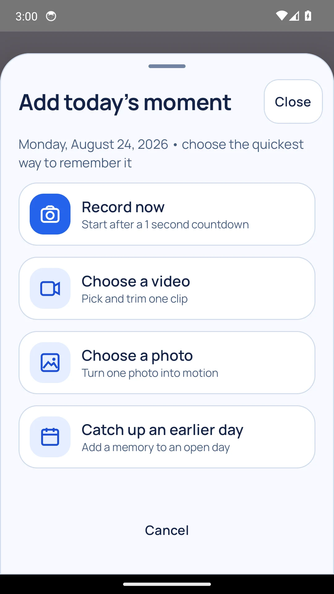 ClipMyDay capture screen showing Record now, Choose a video, Choose a photo, and Catch up.